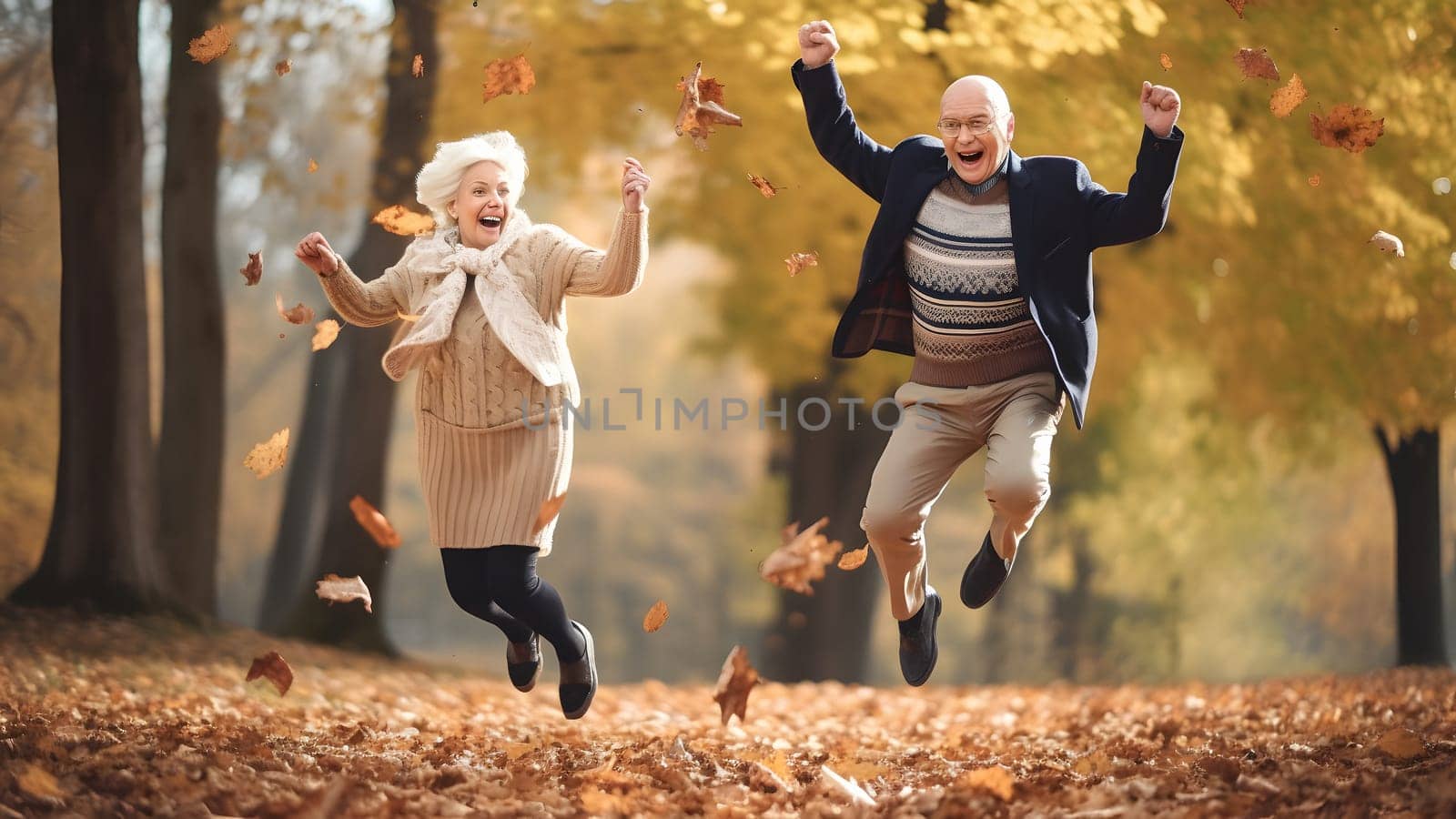 Happy senior couple jumping in the park at autumn day. Neural network generated in May 2023. Not based on any actual person, scene or pattern.