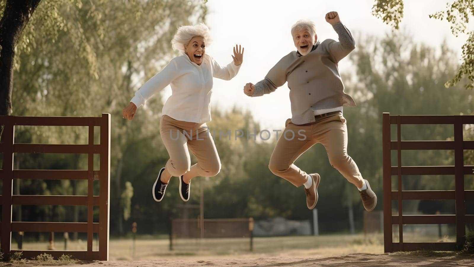 Happy senior couple jumping in the park at autumn day. Neural network generated in May 2023. Not based on any actual person, scene or pattern.