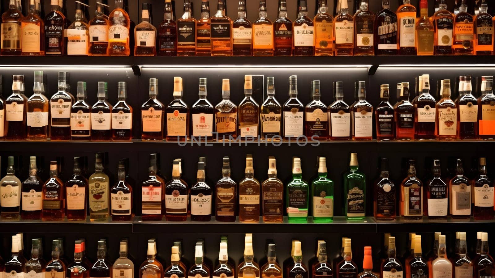 Liquor Store, Variety of Hard Liquor bottles on a shelfs - full frame background. Neural network generated in May 2023. Not based on any actual person, scene or pattern.