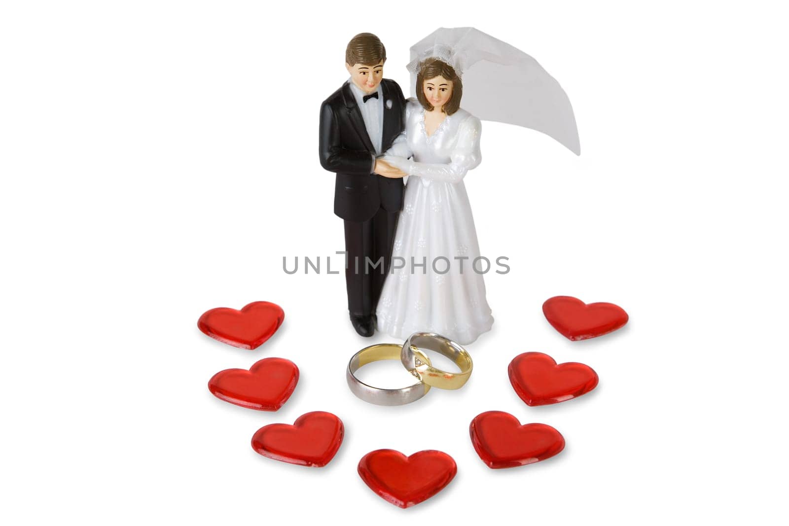 Bridal couple with rings and hearts