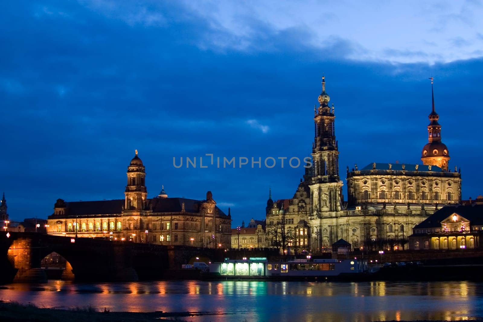 Dresden - View at the blue hour of Augustus Bridge,Higher Regional Court,Hofkirche,Residenzschloss alte Wache and Theaterkahn