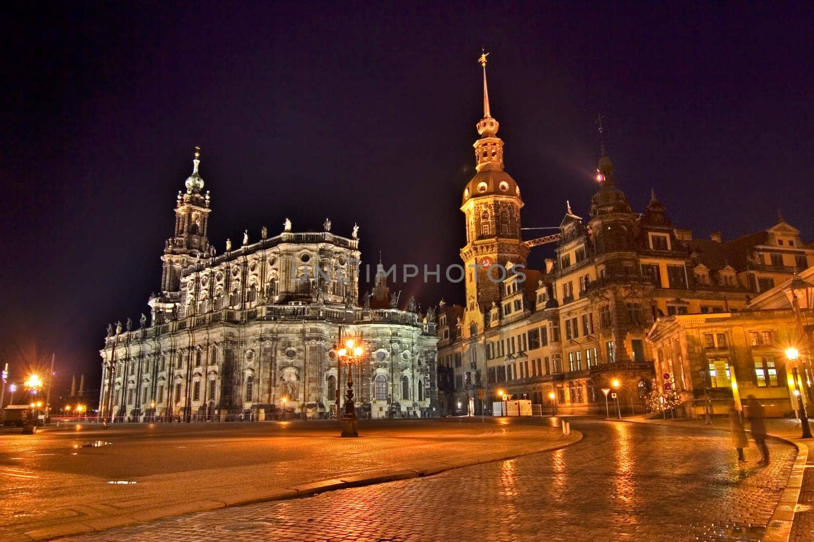 Dresden - Theaterplatz with Hofkirche,Residenzschloss and old guard at night