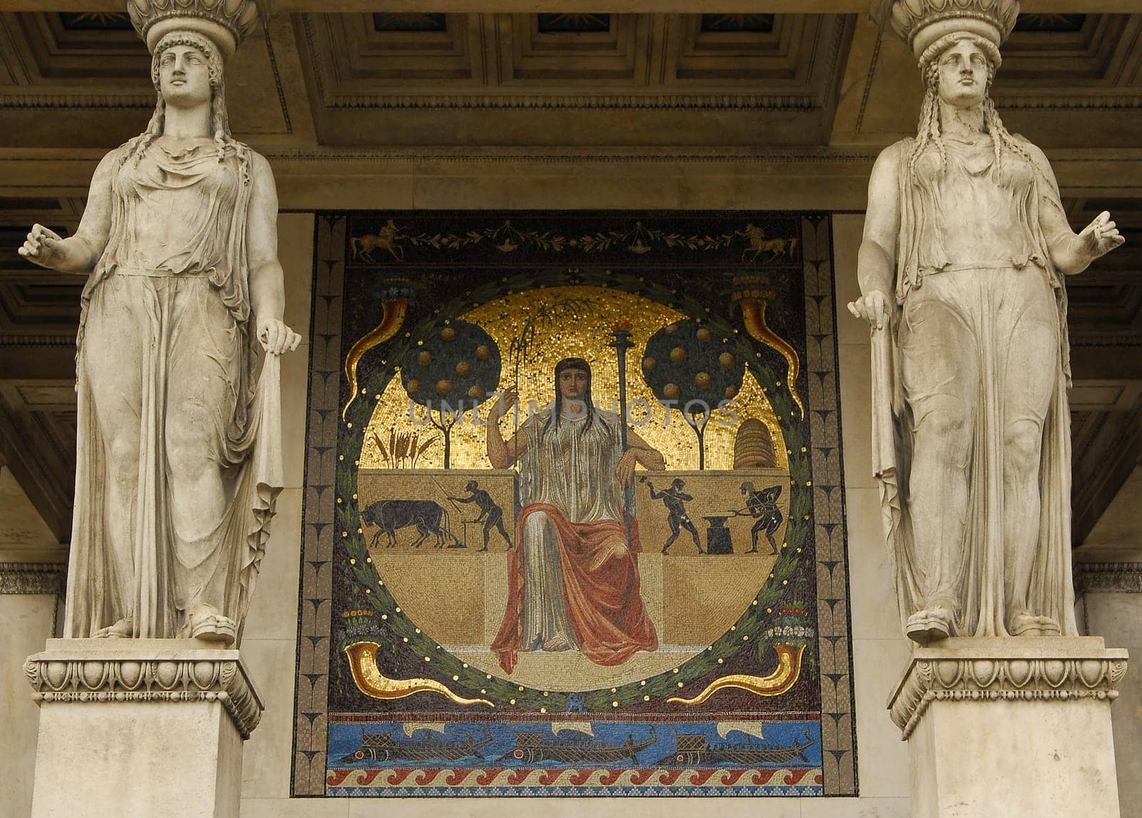 One of the four mosaic paintings on the Munich Angel of Peace on the theme "Blessing of Culture"" - standing for prosperity through peace after the war,here the east side"