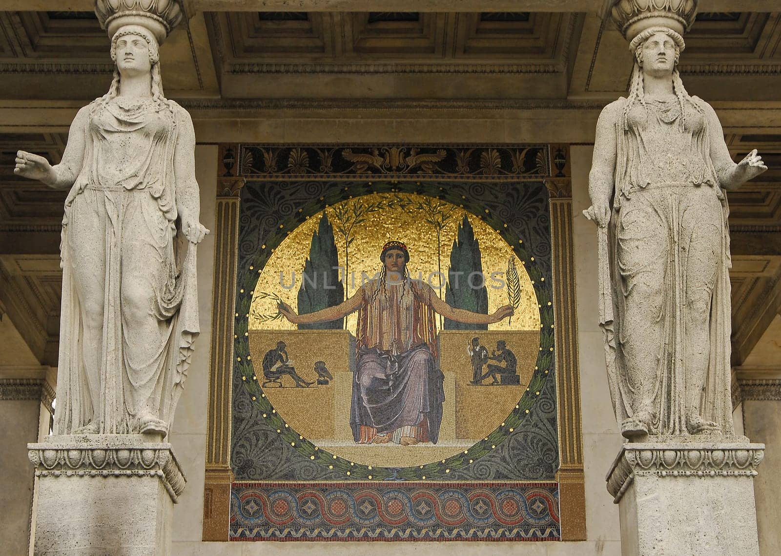 One of the four mosaic paintings on the Munich Angel of Peace on the theme "Blessing of Culture"" - standing for prosperity through peace after the war,here the west side"