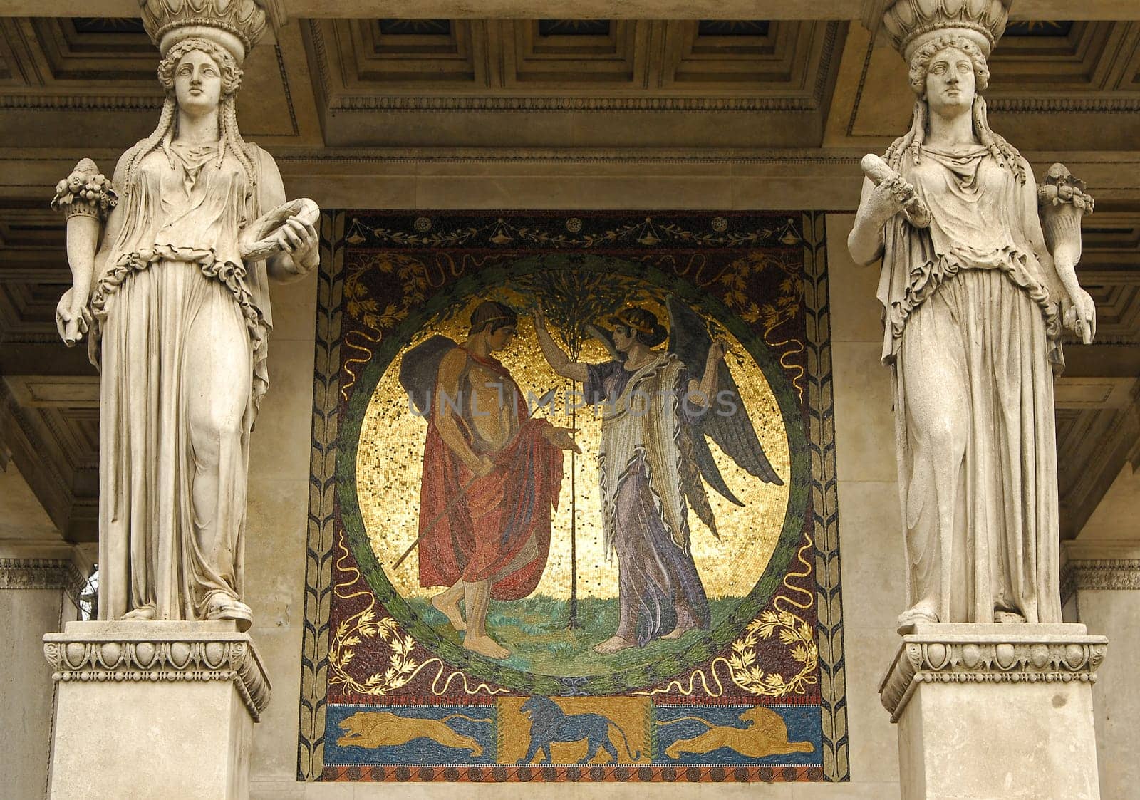 One of the four mosaic paintings on the Munich Angel of Peace on the theme "Blessing of Culture"" - standing for prosperity through peace after the war,here the south side"