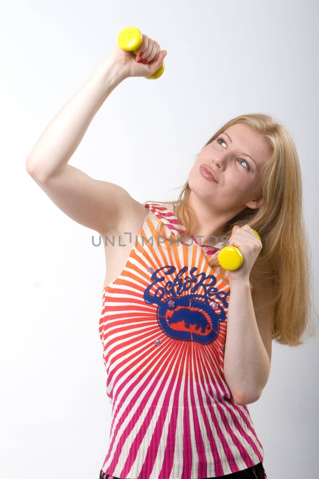 Franziska with dumbbells skywards