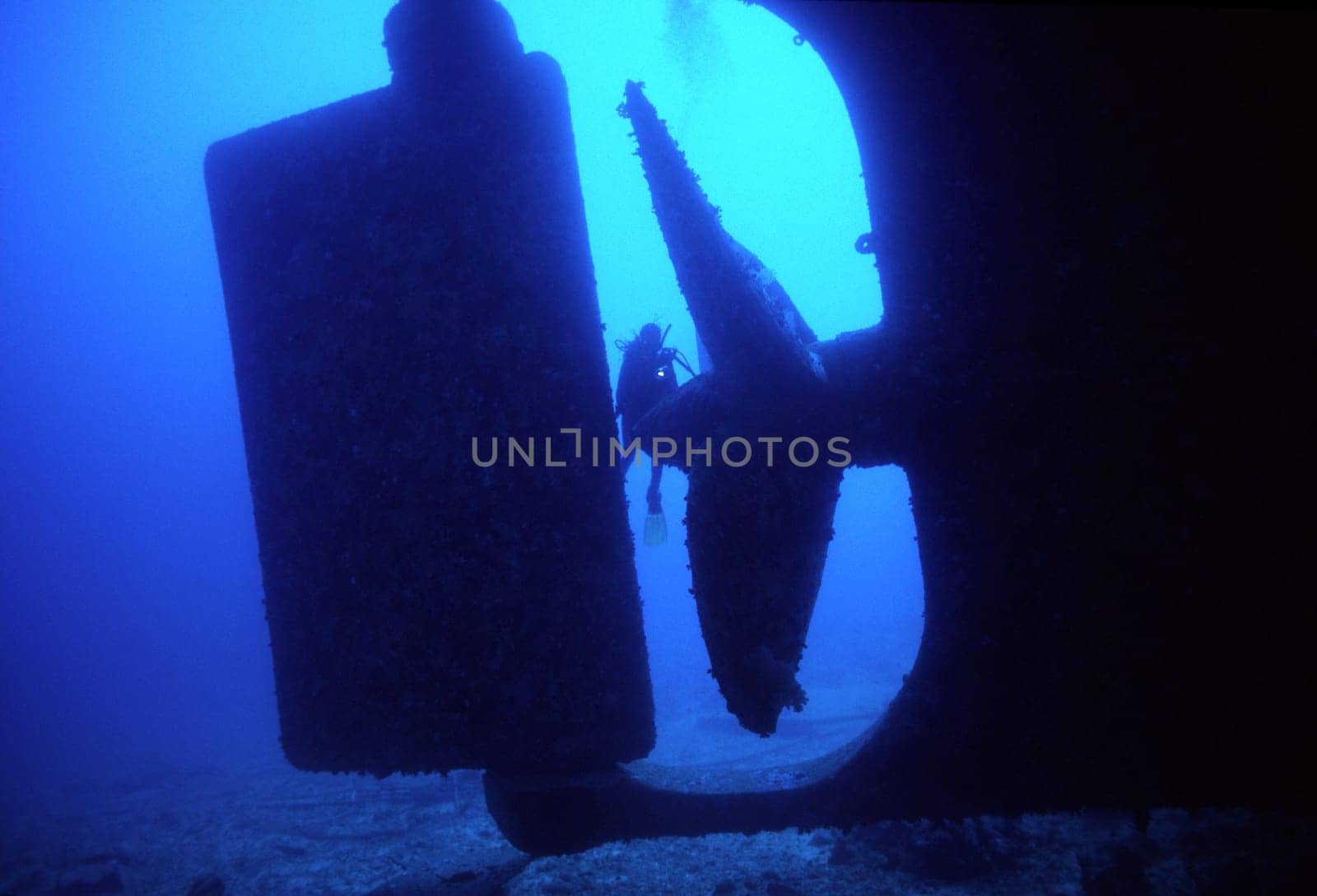 Huge propeller of the Ann Ann wreck with diver in the Red Sea near Jeddah,Saudi Arabia.