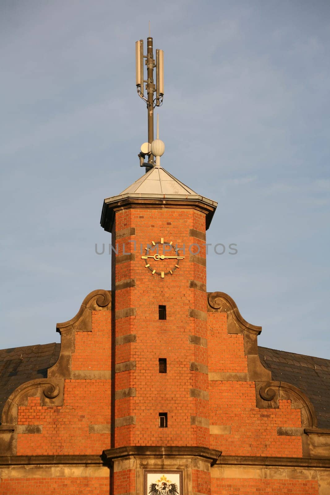 Mobile phone antennas on the top of the tower of the old post office building in Lemgo (Lippe district,North Rhine-Westphalia)