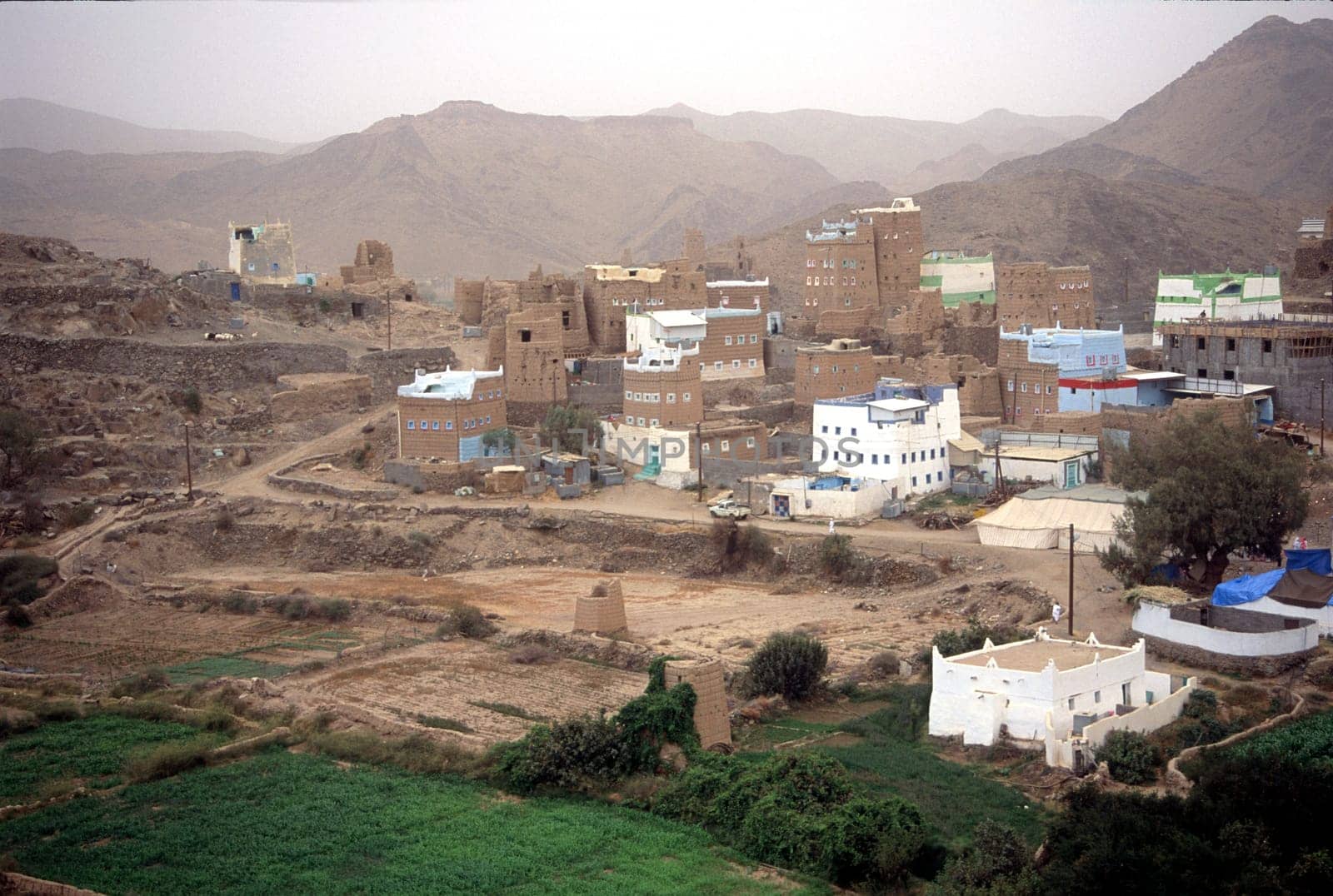 Village with typical mud houses between Abha and Najran in southern Saudi Arabia.