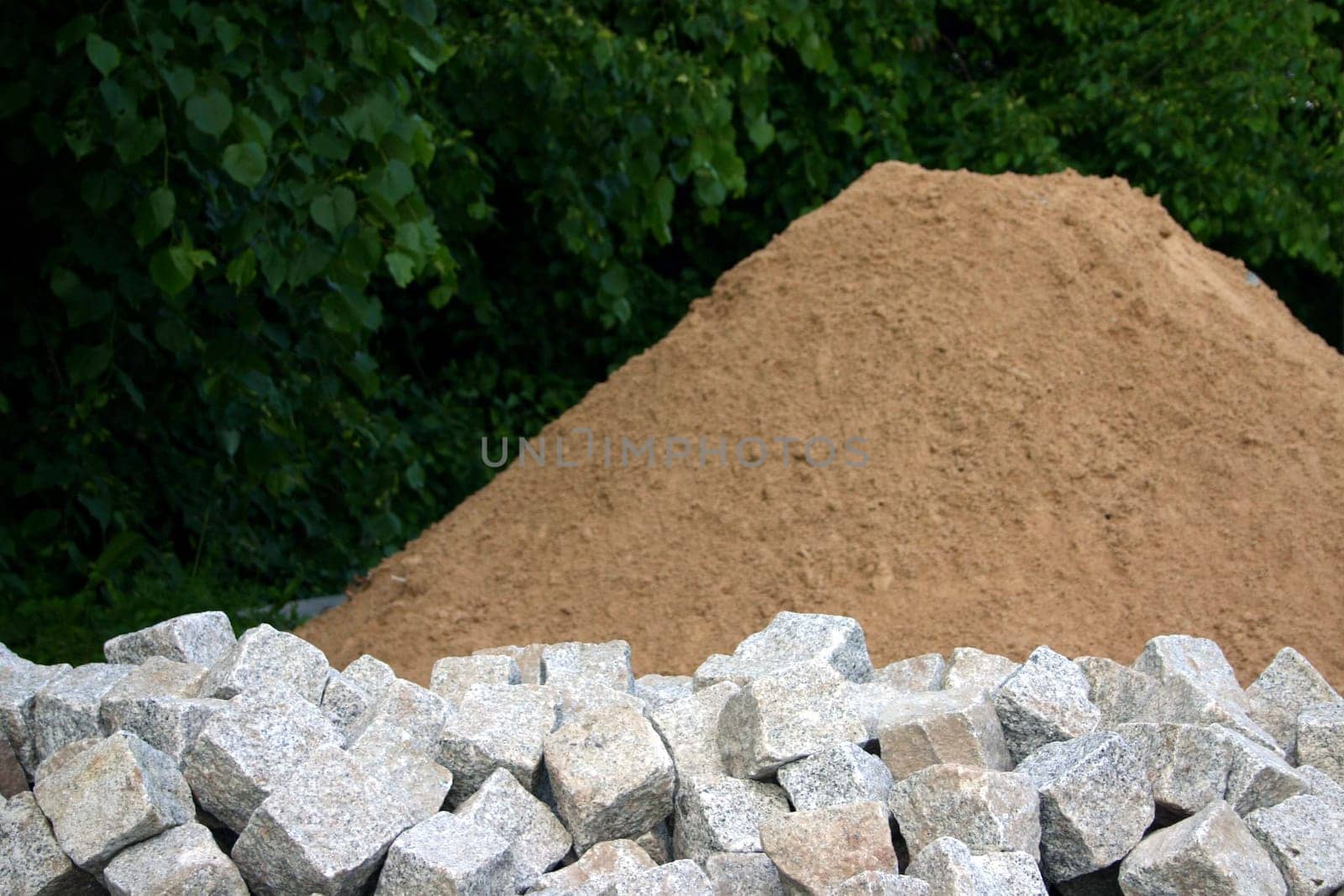Cobblestones,piles of sand
