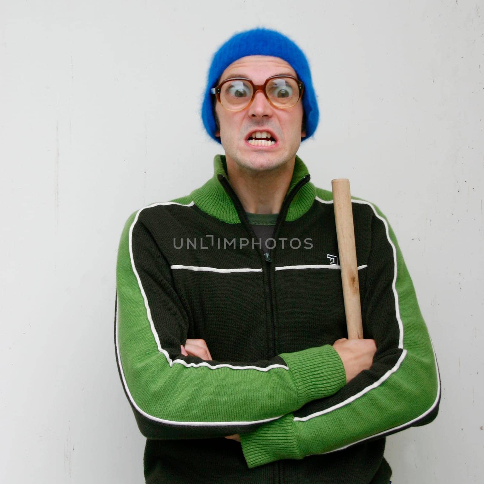 Crazy man with cane