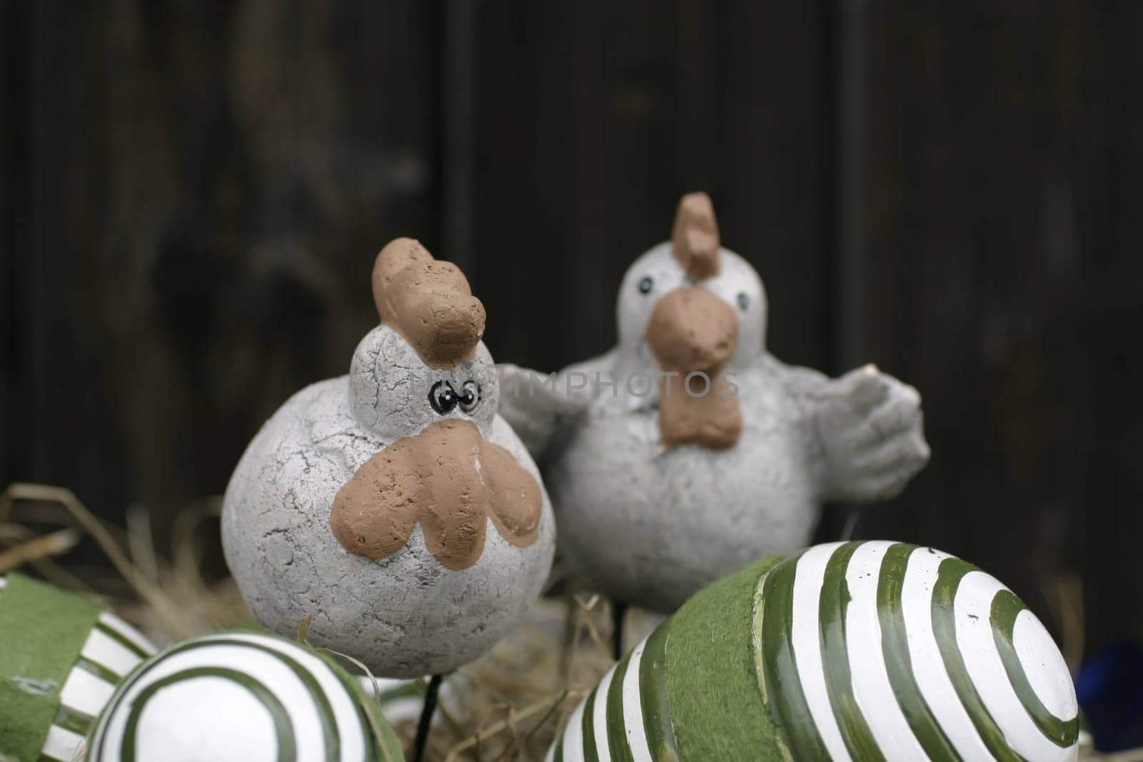 Ceramic chickens with ceramic eggs