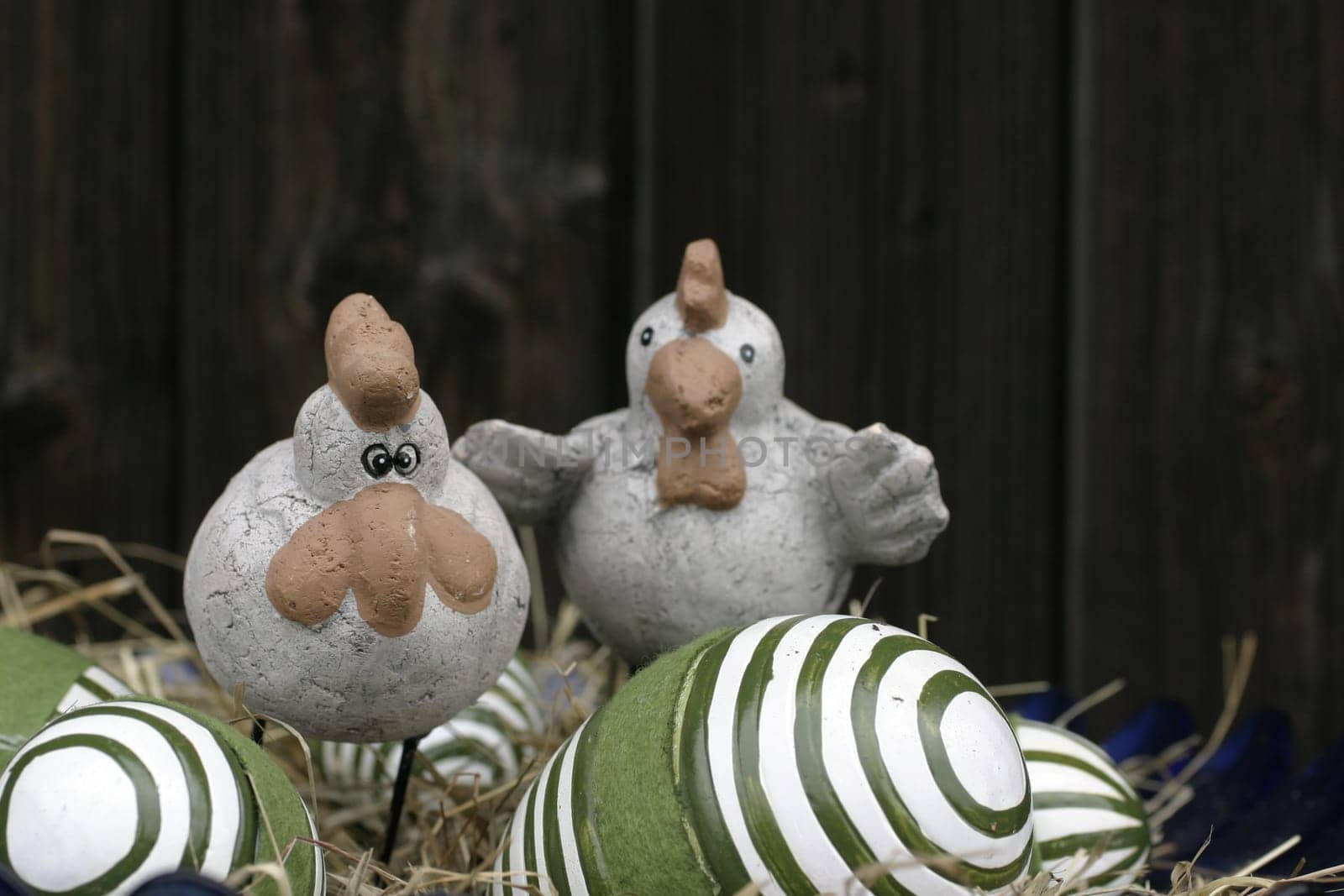 Ceramic chickens with ceramic eggs