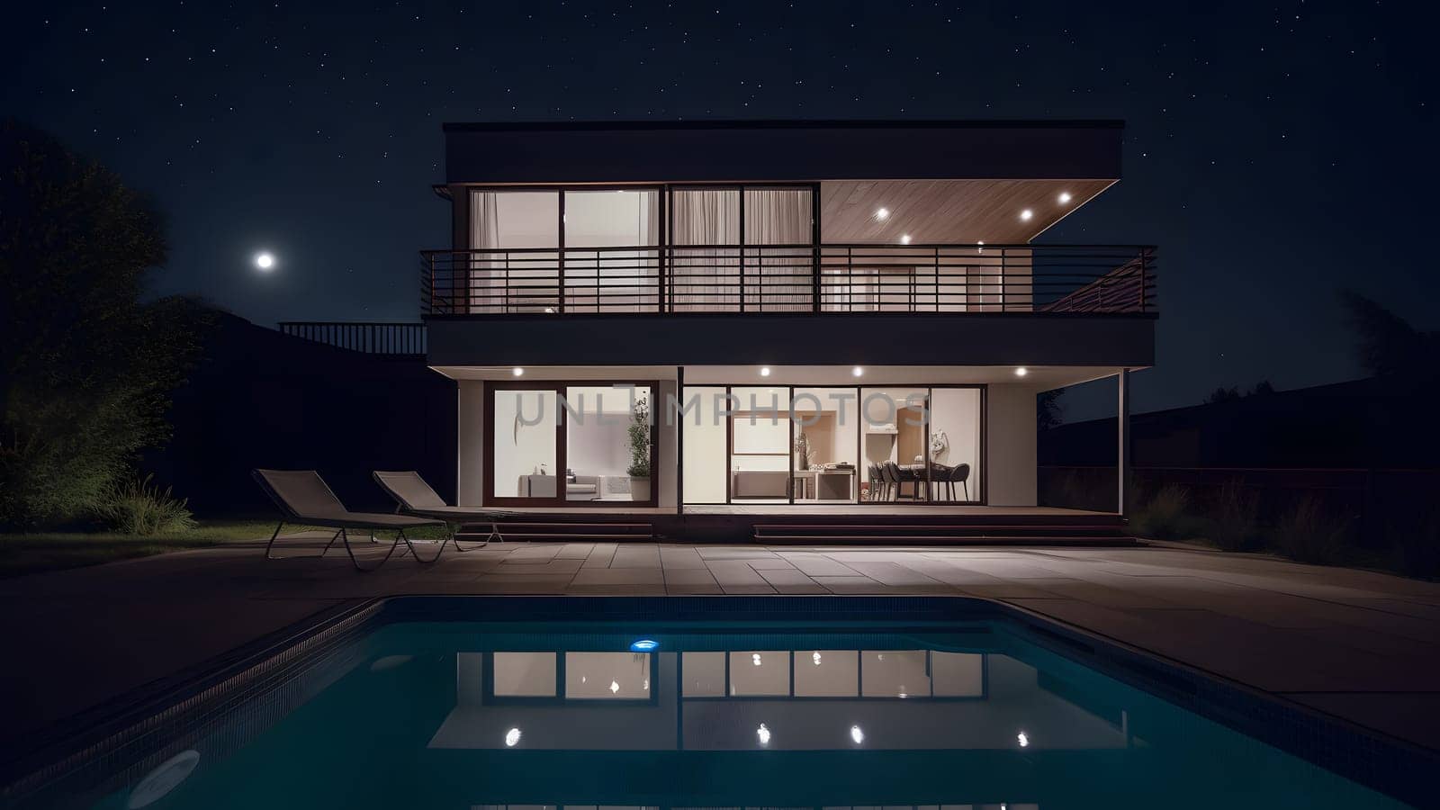 modern luxury house with a swimming pool at night. Neural network generated in May 2023. Not based on any actual person, scene or pattern.