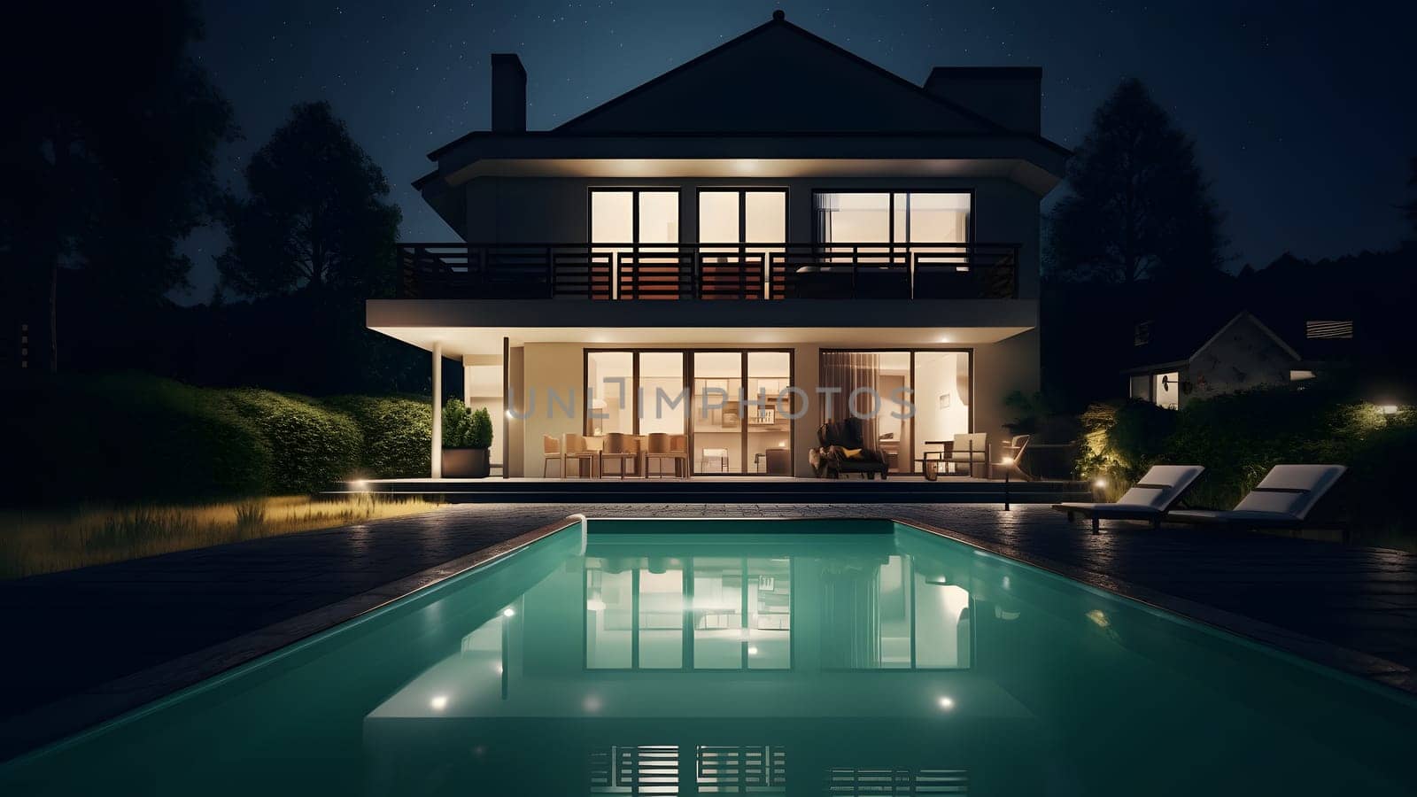 modern luxury house with a swimming pool at night. Neural network generated in May 2023. Not based on any actual person, scene or pattern.