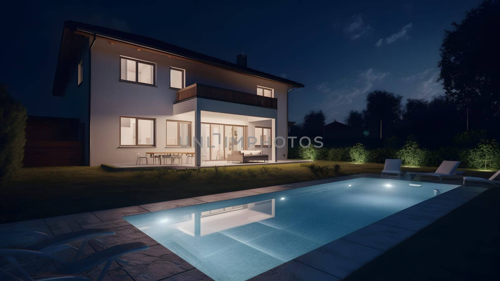 modern luxury house with a swimming pool at night. Neural network generated in May 2023. Not based on any actual person, scene or pattern.