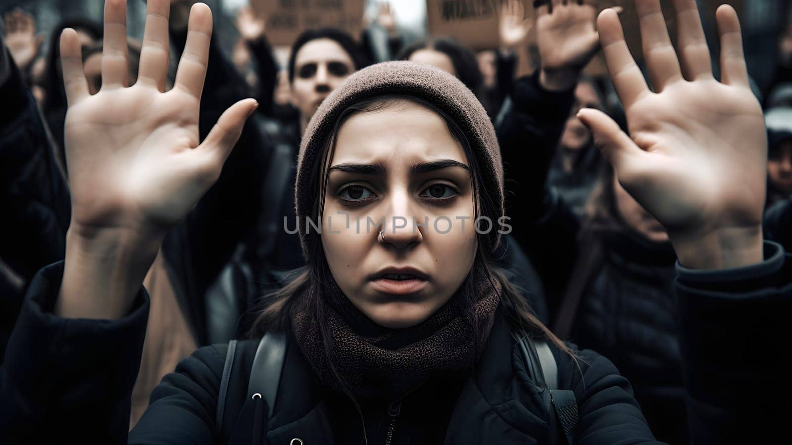 People protest at city streets at day time, hyperrealistic style. Neural network generated in May 2023. Not based on any actual person, scene or pattern.