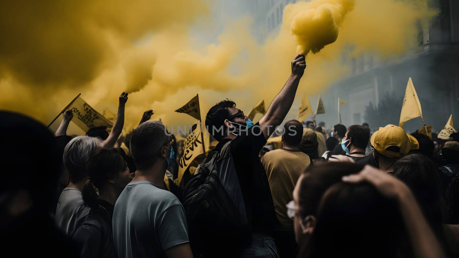 People protest at city streets at day time, hyperrealistic style. Neural network generated in May 2023. Not based on any actual person, scene or pattern.