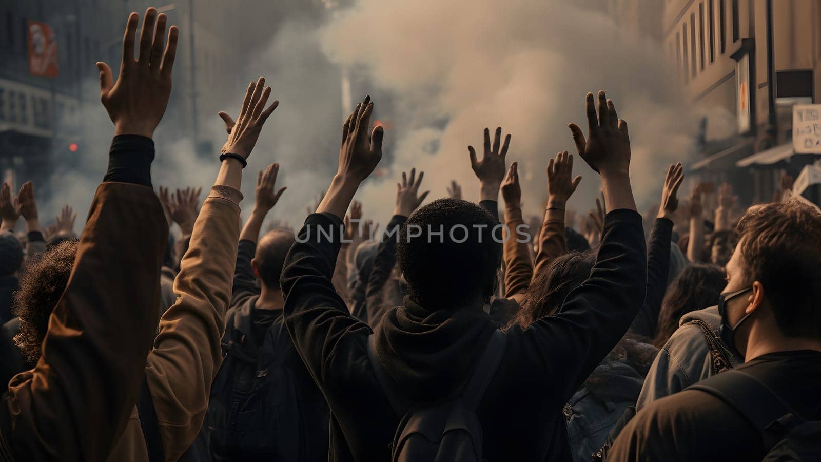 People protest at city streets at day time, hyperrealistic style. Neural network generated in May 2023. Not based on any actual person, scene or pattern.