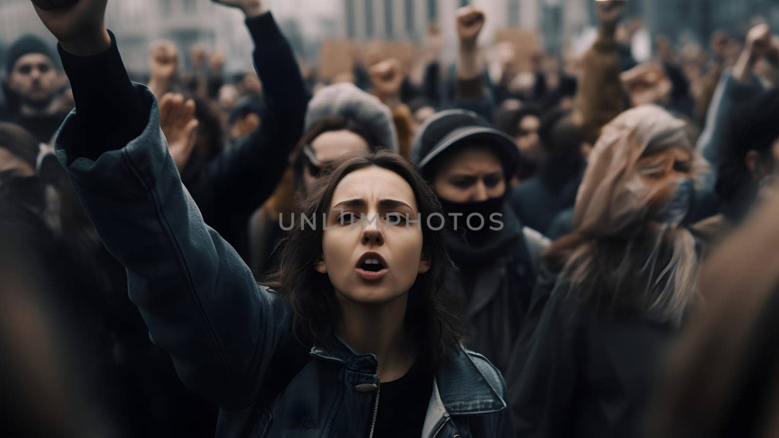People protest at city streets at day time, hyperrealistic style. Neural network generated in May 2023. Not based on any actual person, scene or pattern.