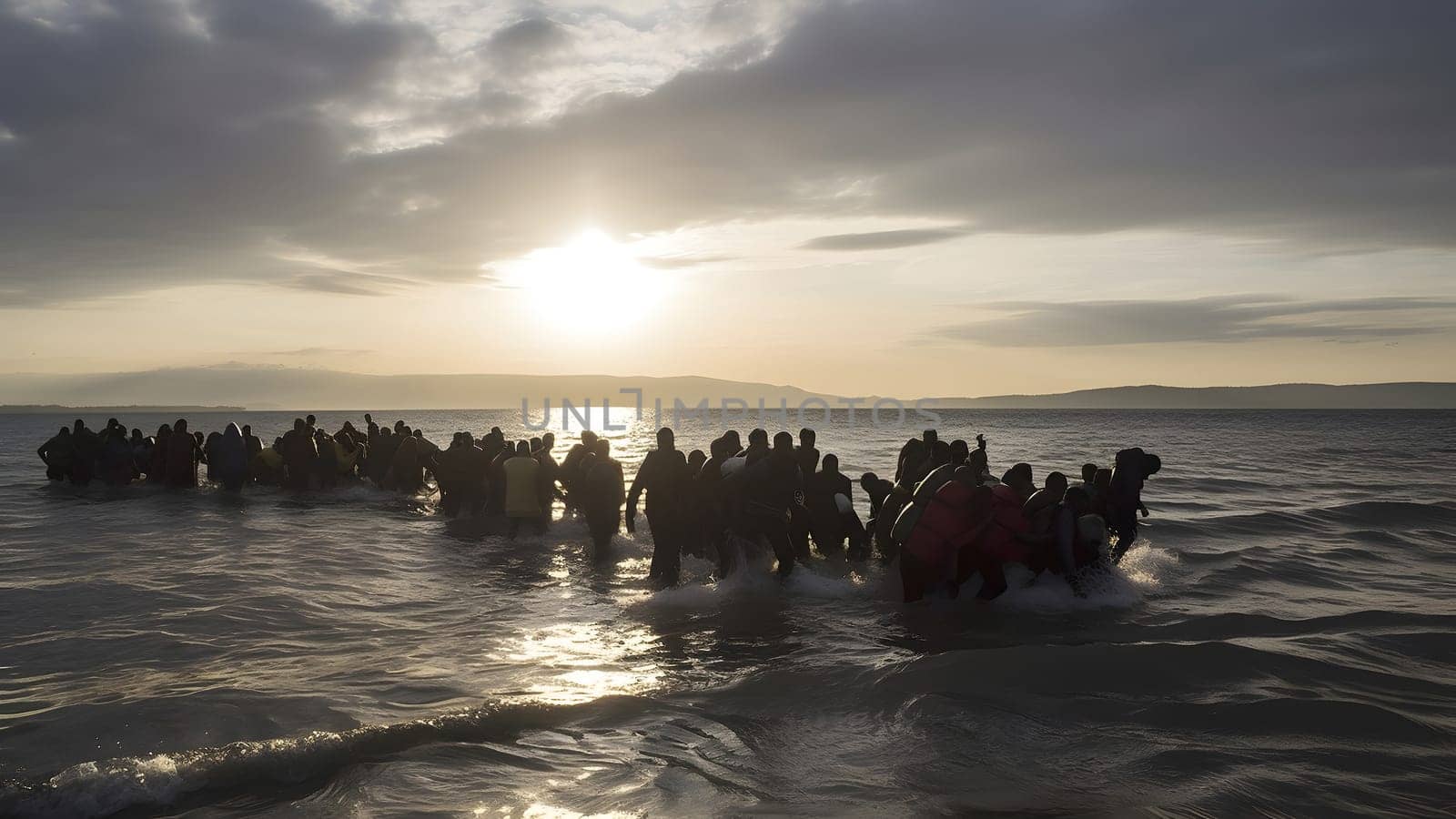 large group of refugees walking from the sea to the shore at sunset or sunrise. Neural network generated in May 2023. Not based on any actual person, scene or pattern.