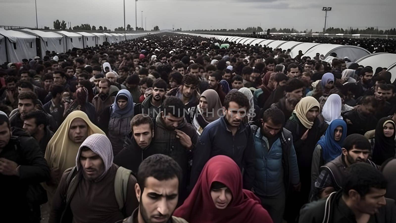 large crowd of middle eastern refugees in a refugee camp. Neural network generated in May 2023. Not based on any actual person, scene or pattern.