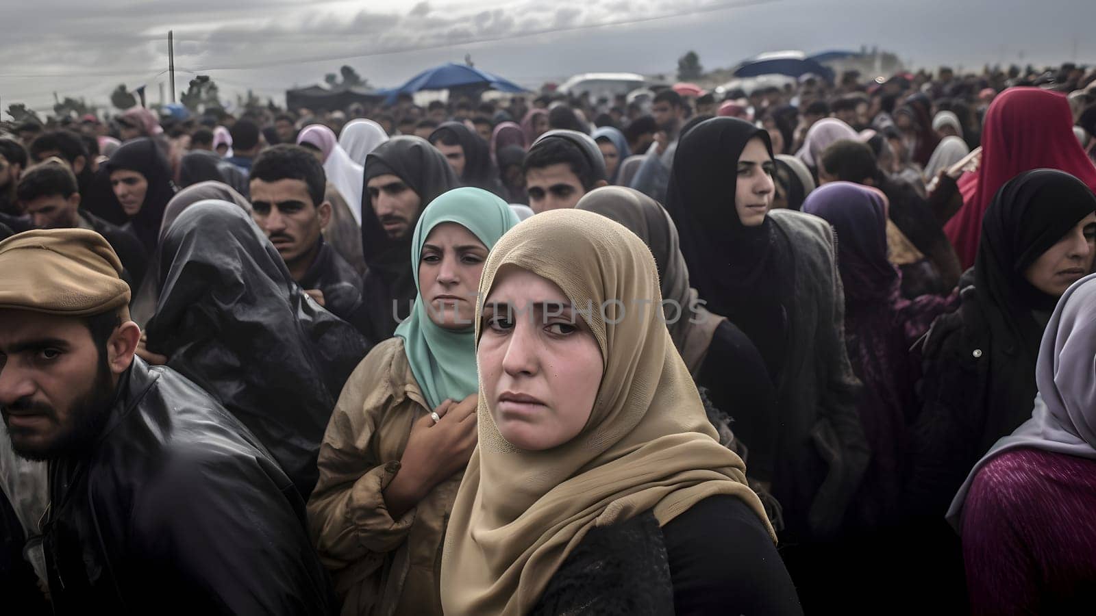 large crowd of middle eastern refugees in a refugee camp. Neural network generated in May 2023. Not based on any actual person, scene or pattern.