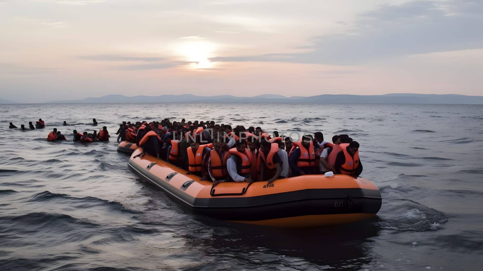 large group of refugees in a huge inflatable boat at sunset or sunrise. Neural network generated in May 2023. Not based on any actual person, scene or pattern.