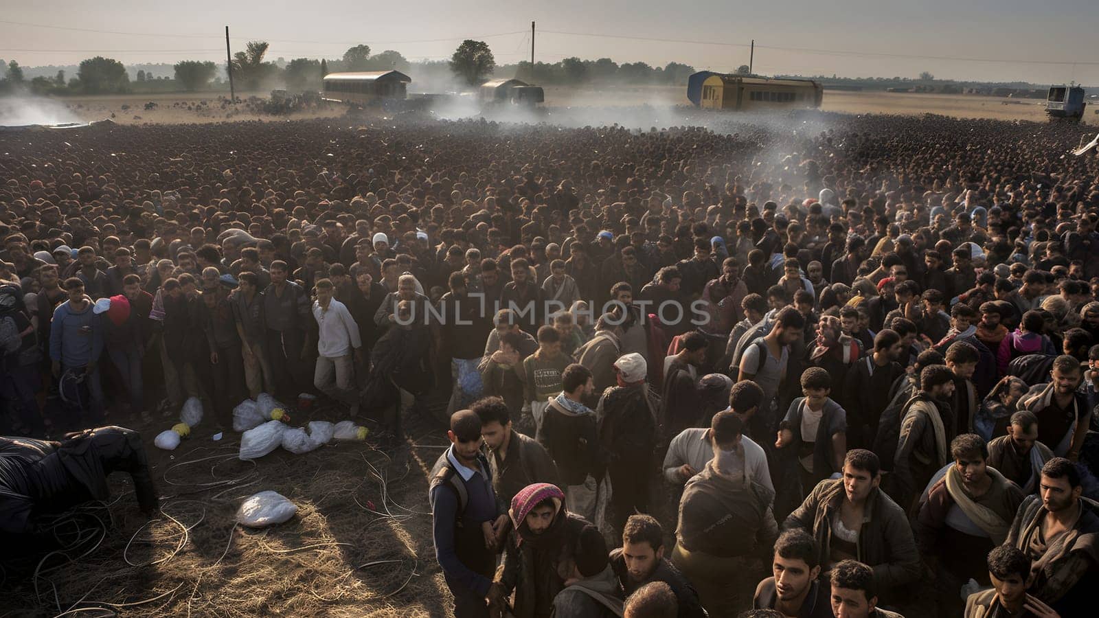 large crowd of middle eastern refugees in a refugee camp. Neural network generated in May 2023. Not based on any actual person, scene or pattern.