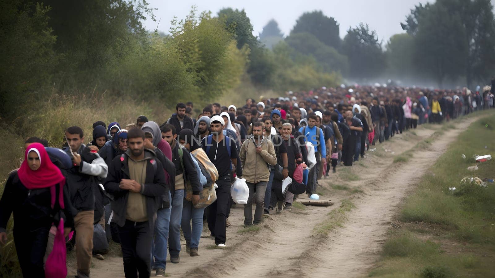 large crown of refugees walking on dirt road near the forest at summer day. Neural network generated in May 2023. Not based on any actual person, scene or pattern.