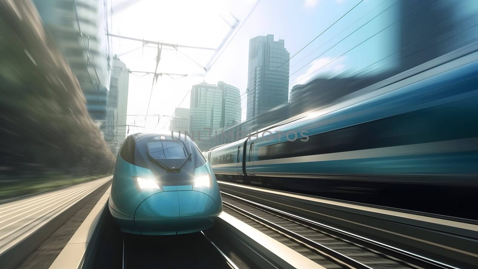 generic modern high-speed train moving fast through the city environment. Neural network generated in May 2023. Not based on any actual person, scene or pattern.