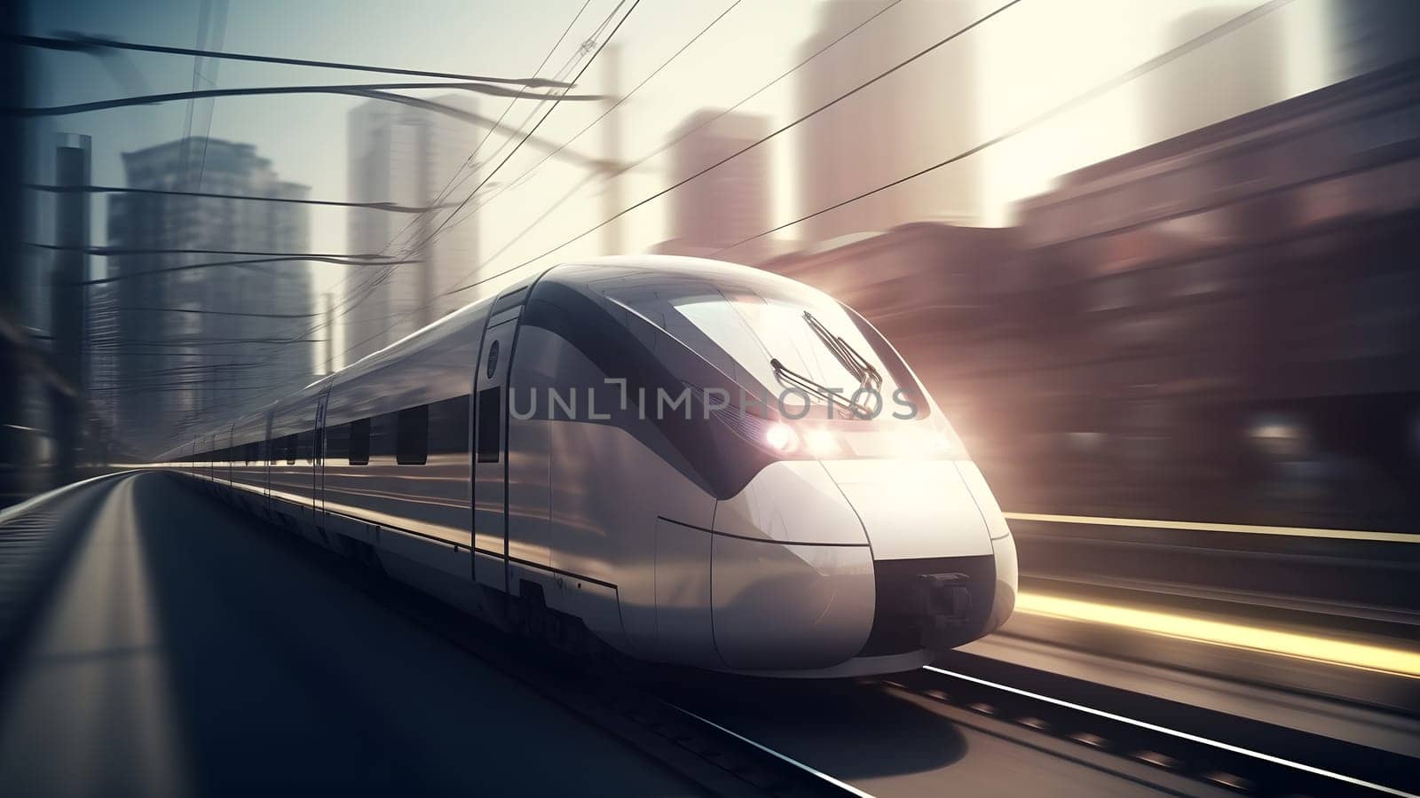 generic modern high-speed train moving fast through the city environment. Neural network generated in May 2023. Not based on any actual person, scene or pattern.
