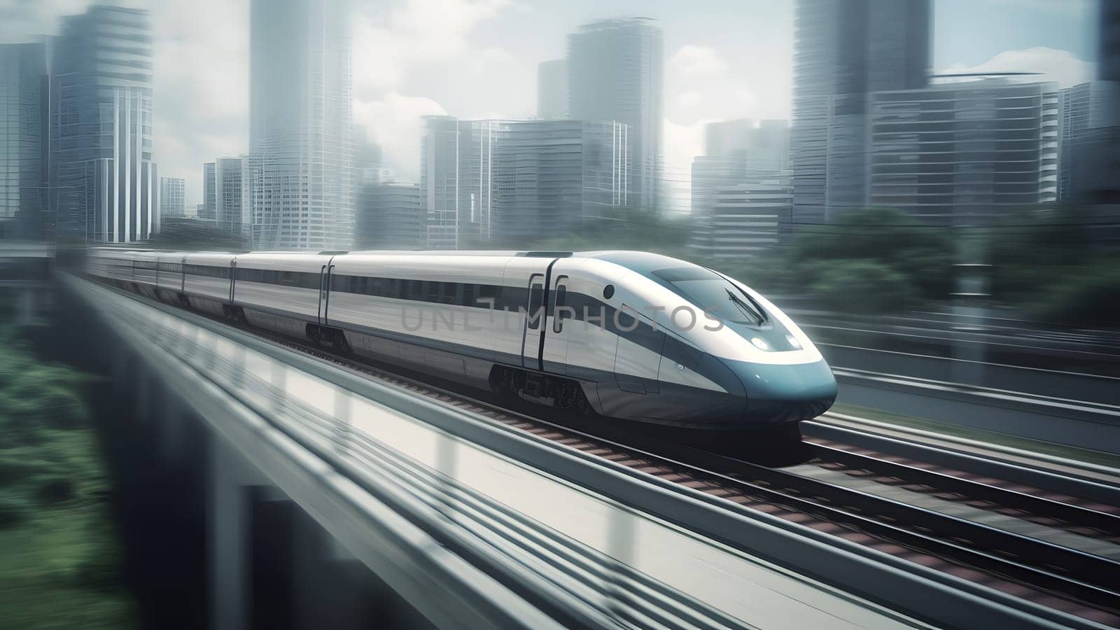 generic modern high-speed train moving fast through the city environment. Neural network generated in May 2023. Not based on any actual person, scene or pattern.