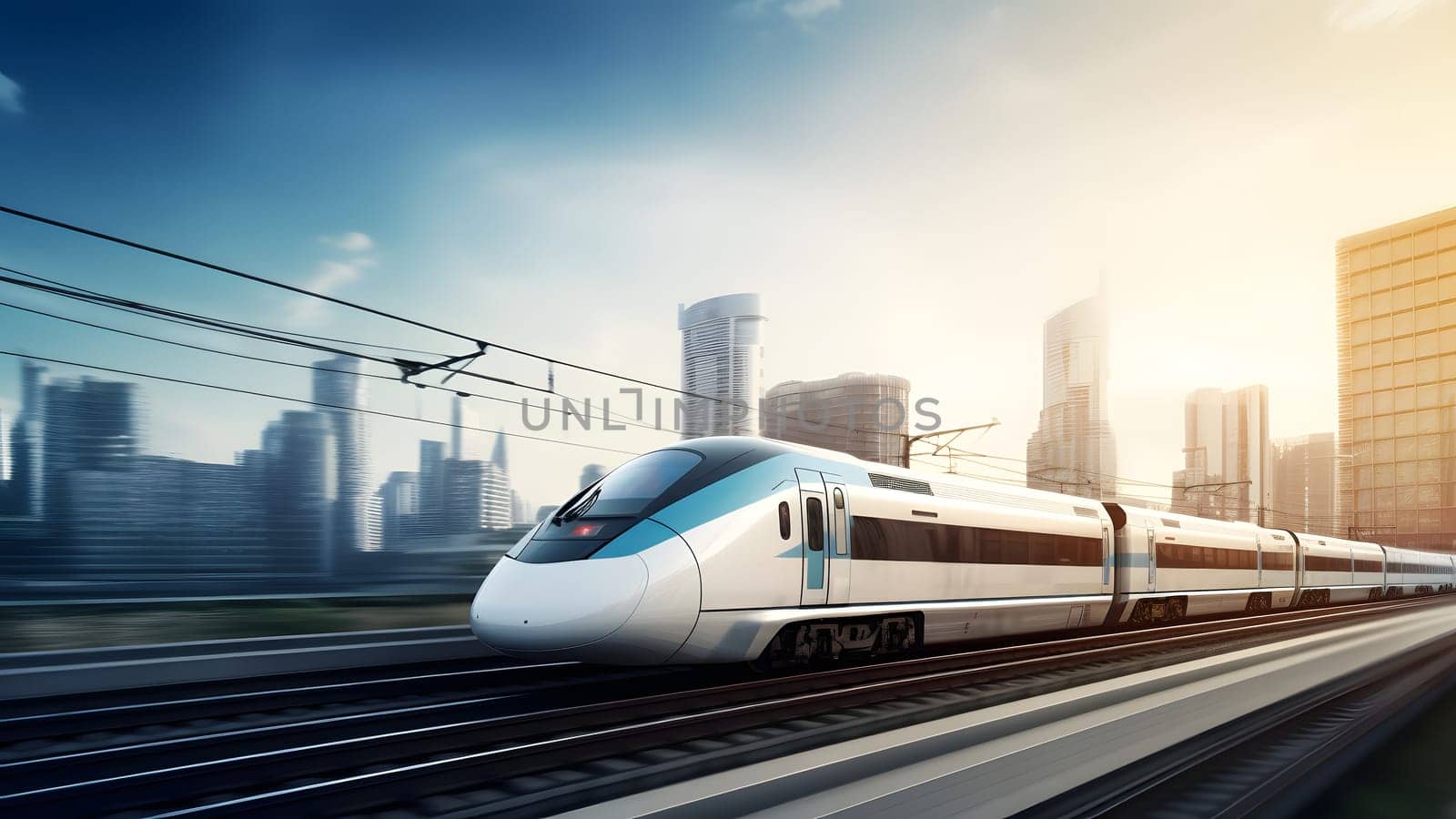 generic modern high-speed train moving fast through the city environment. Neural network generated in May 2023. Not based on any actual person, scene or pattern.