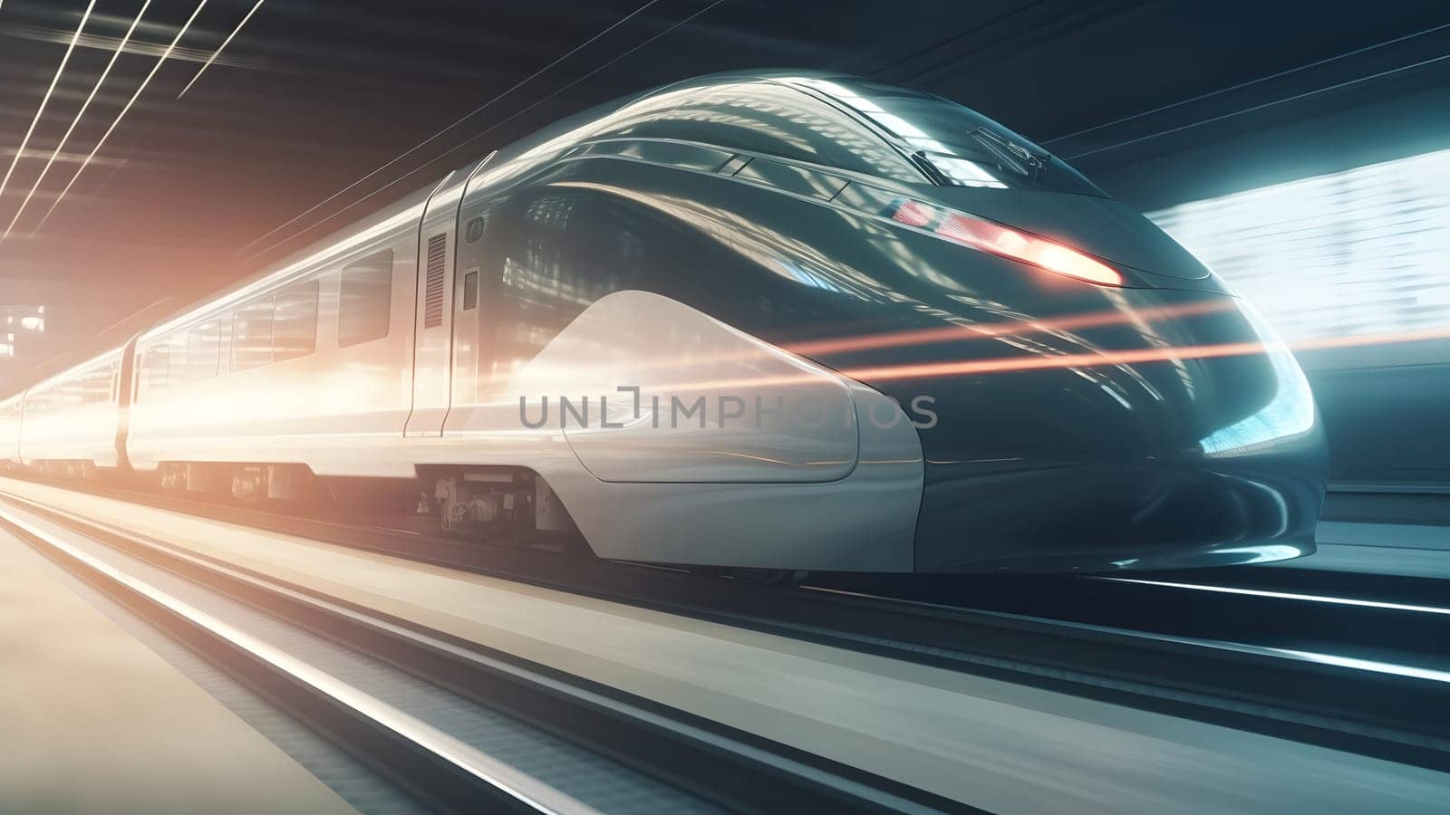 generic modern high-speed train moving fast through the city environment. Neural network generated in May 2023. Not based on any actual person, scene or pattern.