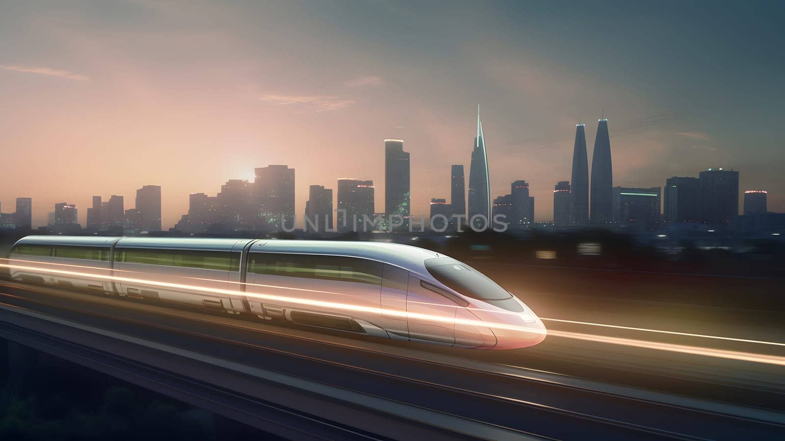 generic modern high-speed train moving fast through the city environment. Neural network generated in May 2023. Not based on any actual person, scene or pattern.