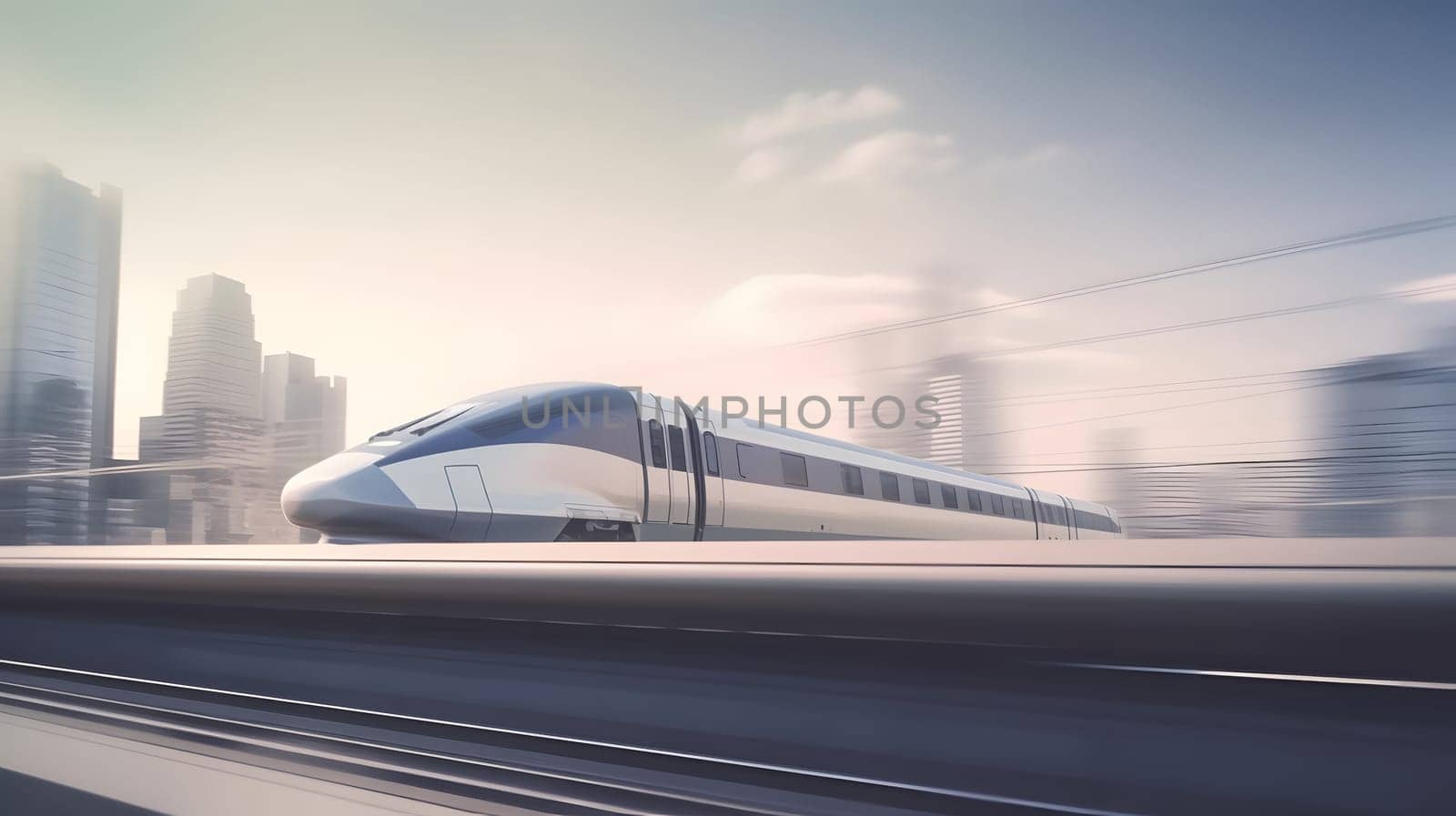 generic modern high-speed train moving fast through the city environment. Neural network generated in May 2023. Not based on any actual person, scene or pattern.