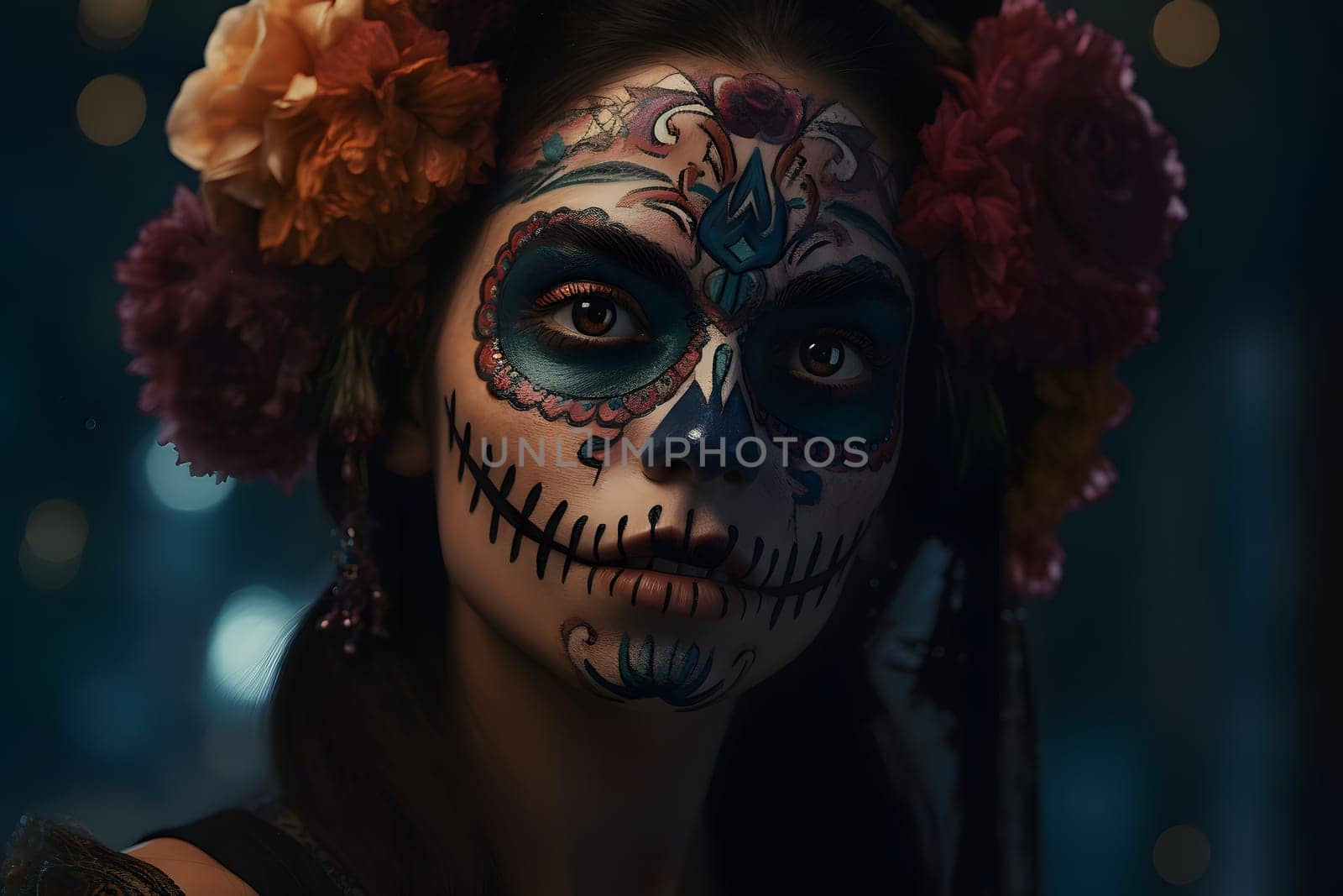 cinematic photorealistic portrait of gorgeous woman sugar skull at day of the dead. Neural network generated in May 2023. Not based on any actual person, scene or pattern.