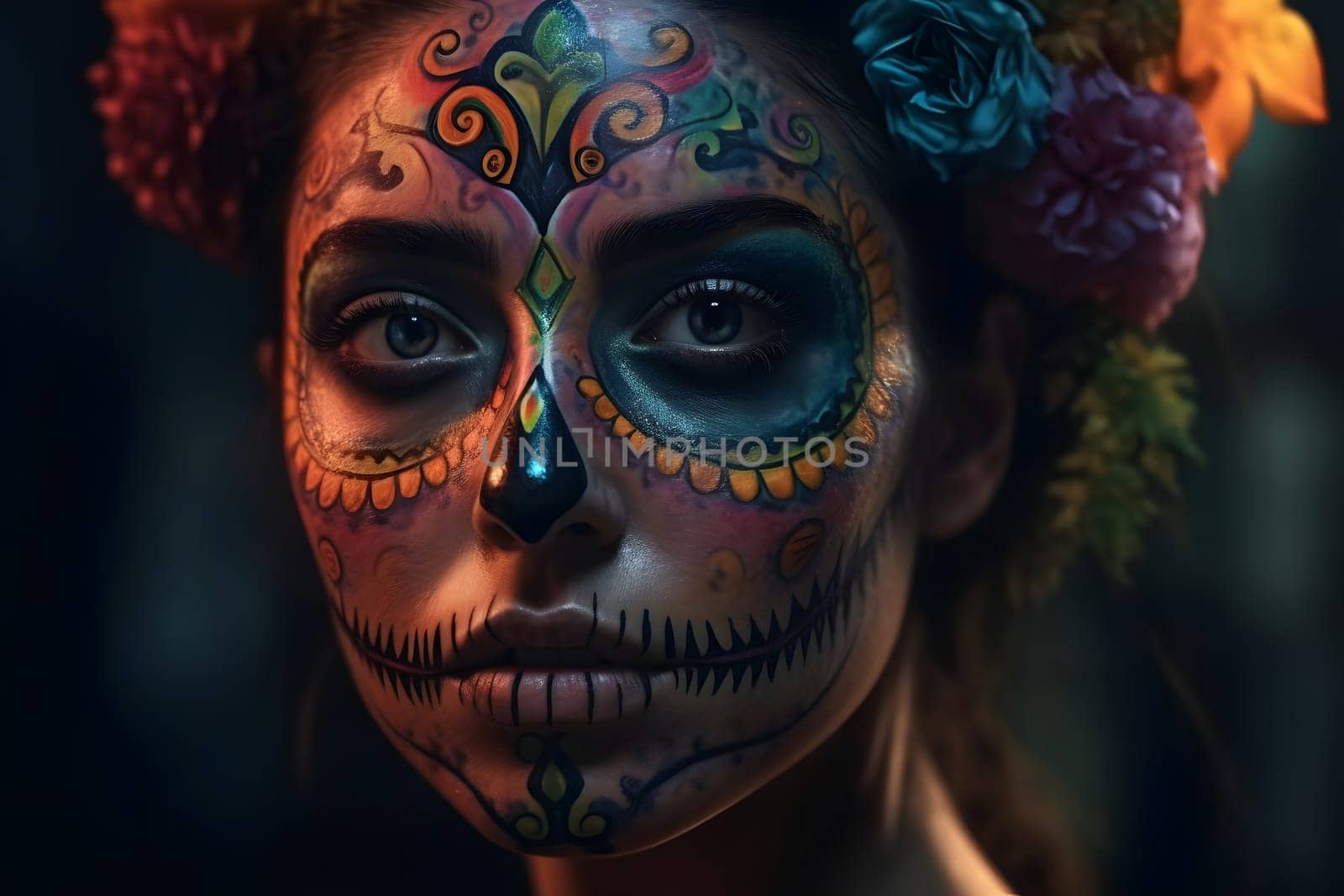 cinematic photorealistic portrait of gorgeous woman sugar skull at day of the dead. Neural network generated in May 2023. Not based on any actual person, scene or pattern.