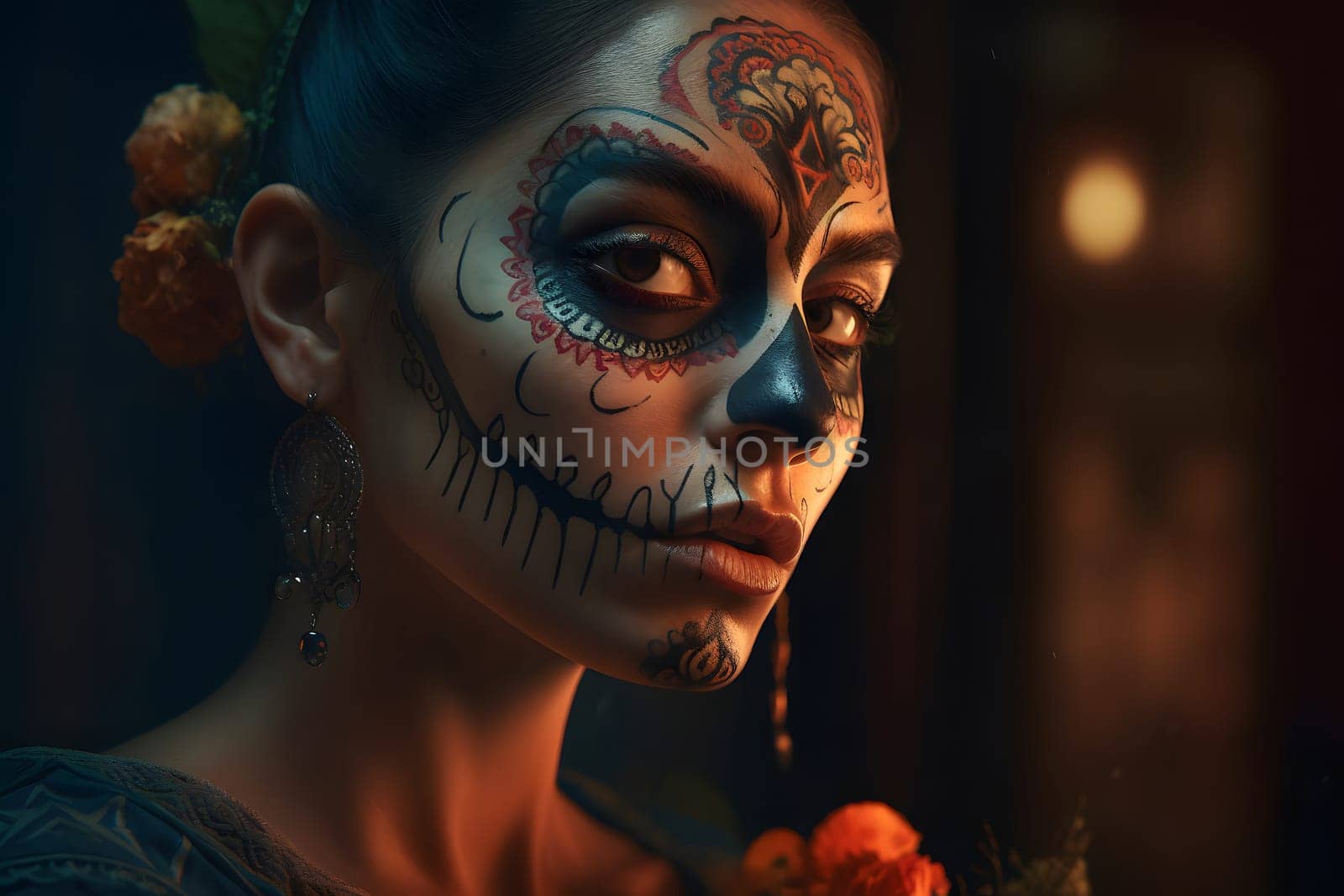 cinematic photorealistic portrait of gorgeous woman sugar skull at day of the dead. Neural network generated in May 2023. Not based on any actual person, scene or pattern.