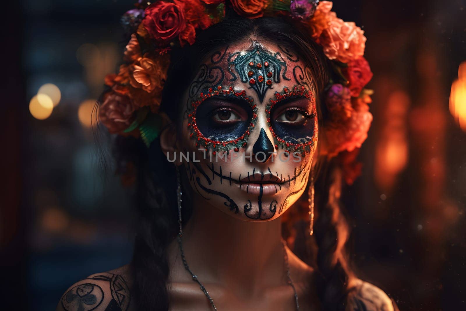 cinematic photorealistic portrait of gorgeous woman sugar skull at day of the dead. Neural network generated in May 2023. Not based on any actual person, scene or pattern.