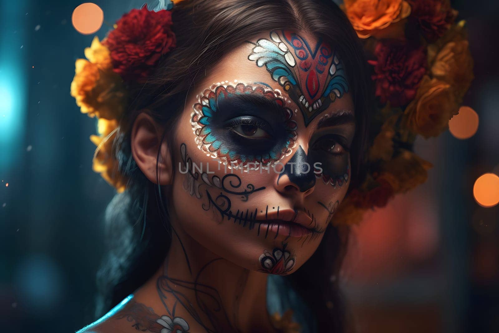 cinematic photorealistic portrait of gorgeous woman sugar skull at day of the dead. Neural network generated in May 2023. Not based on any actual person, scene or pattern.