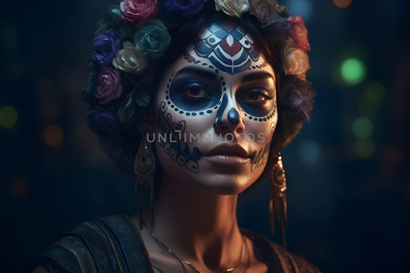 cinematic photorealistic portrait of gorgeous woman sugar skull at day of the dead. Neural network generated in May 2023. Not based on any actual person, scene or pattern.