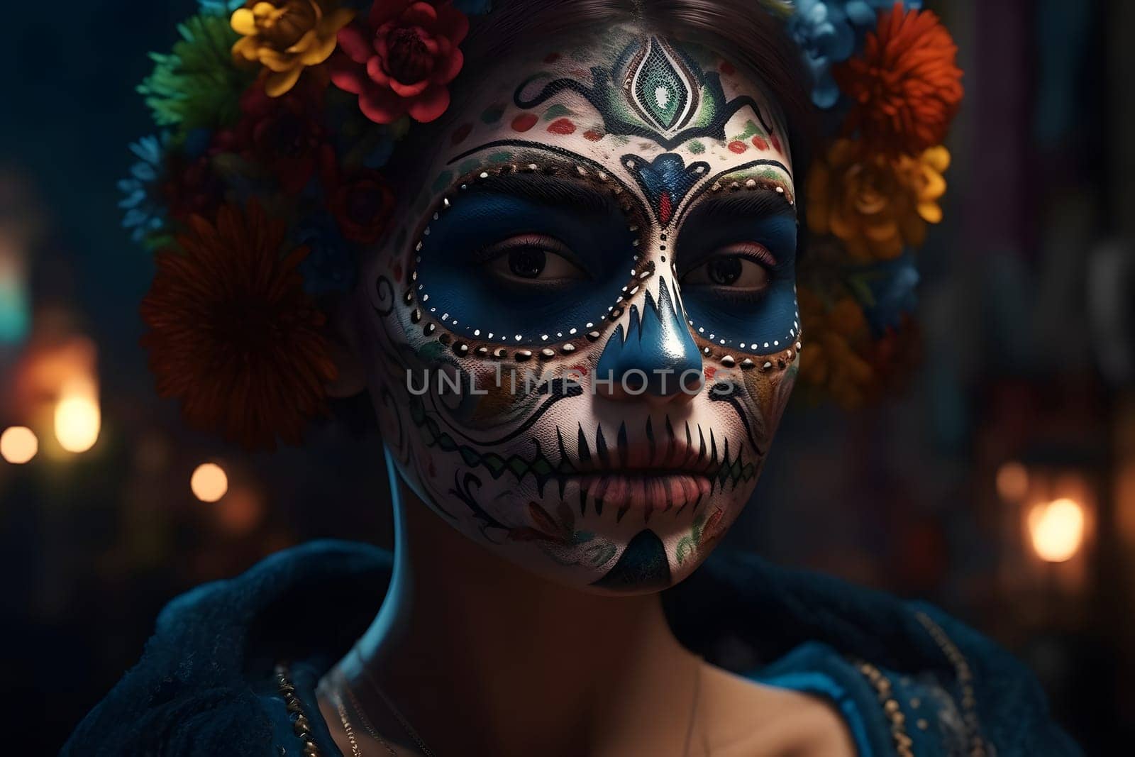 cinematic photorealistic portrait of gorgeous woman sugar skull at day of the dead. Neural network generated in May 2023. Not based on any actual person, scene or pattern.