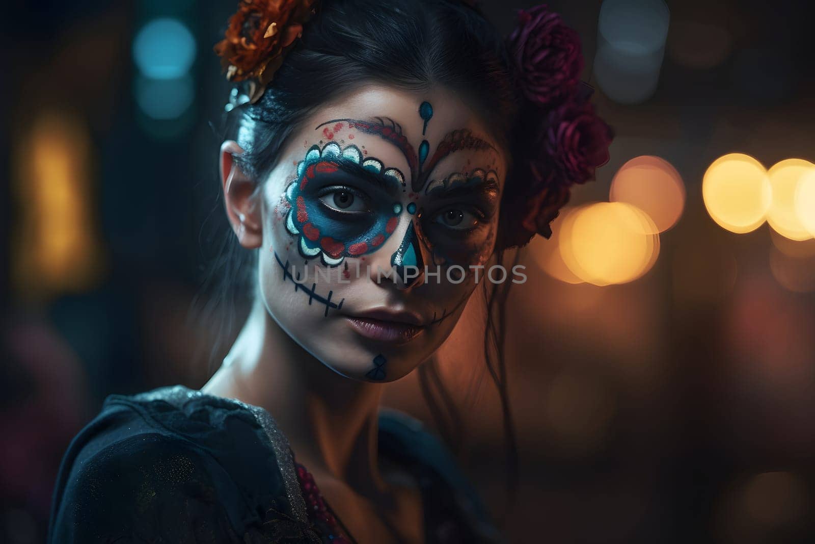 cinematic photorealistic portrait of gorgeous woman sugar skull at day of the dead. Neural network generated in May 2023. Not based on any actual person, scene or pattern.