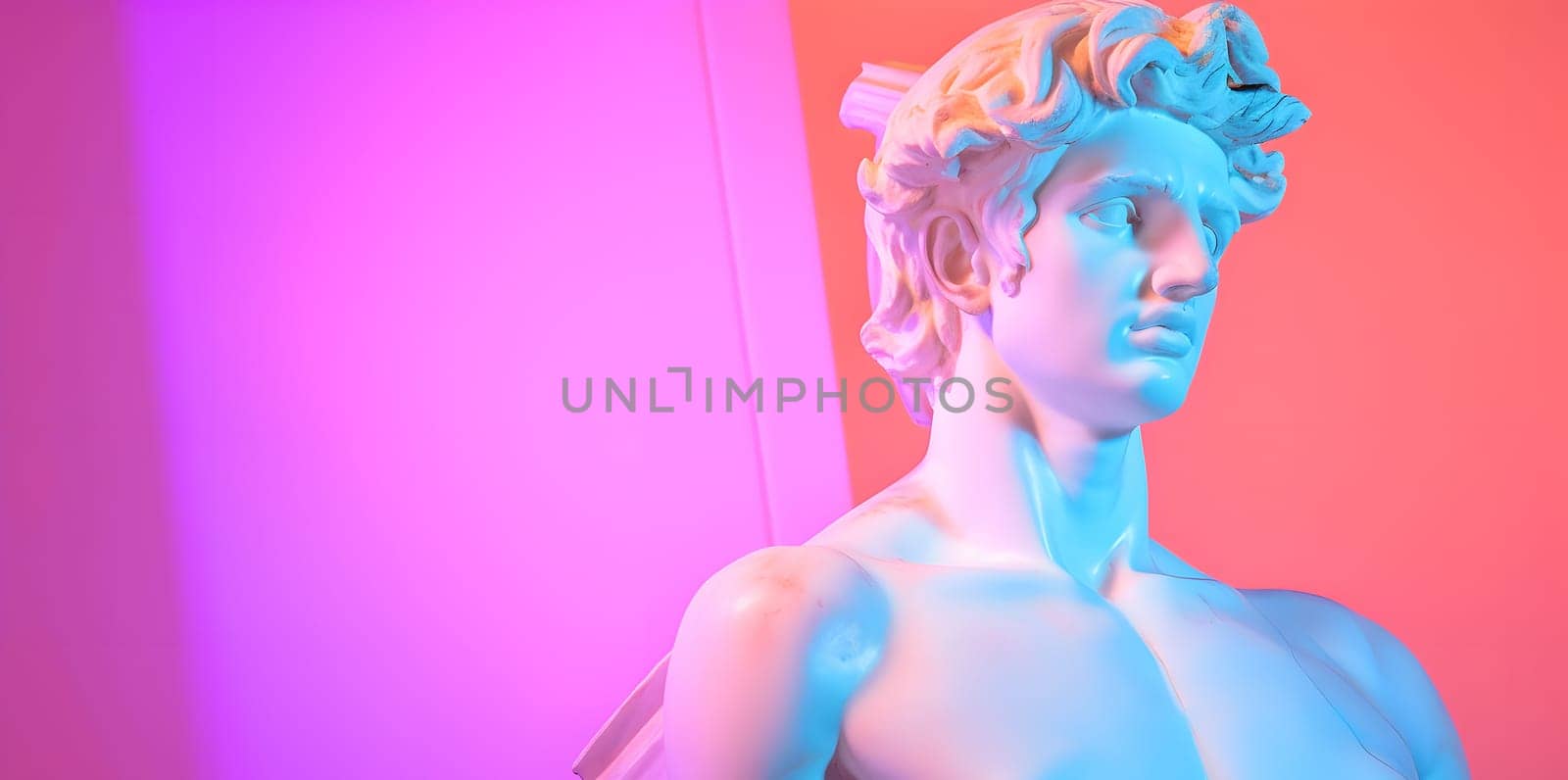 white sculpture of an abstract greek deity brightly lit with neon colors. Neural network generated in May 2023. Not based on any actual person, scene or pattern.