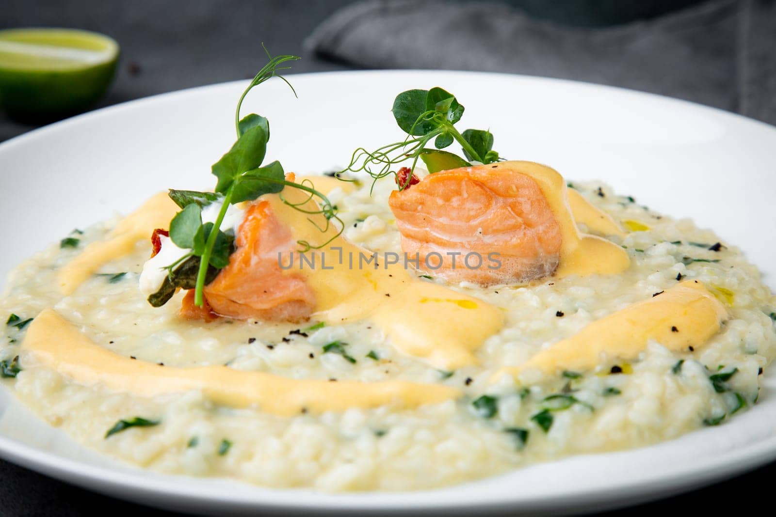 beautifully served porridge with egg and herbs