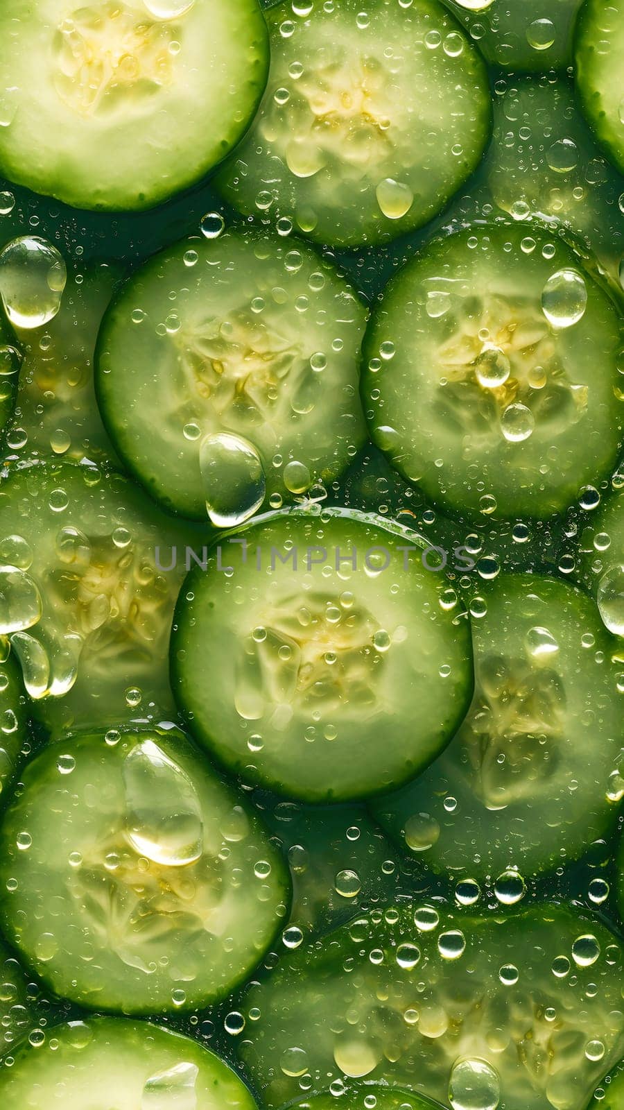 seamless background and texture of sliced cucumbers with drops of water. Neural network generated in May 2023. Not based on any actual person, scene or pattern.