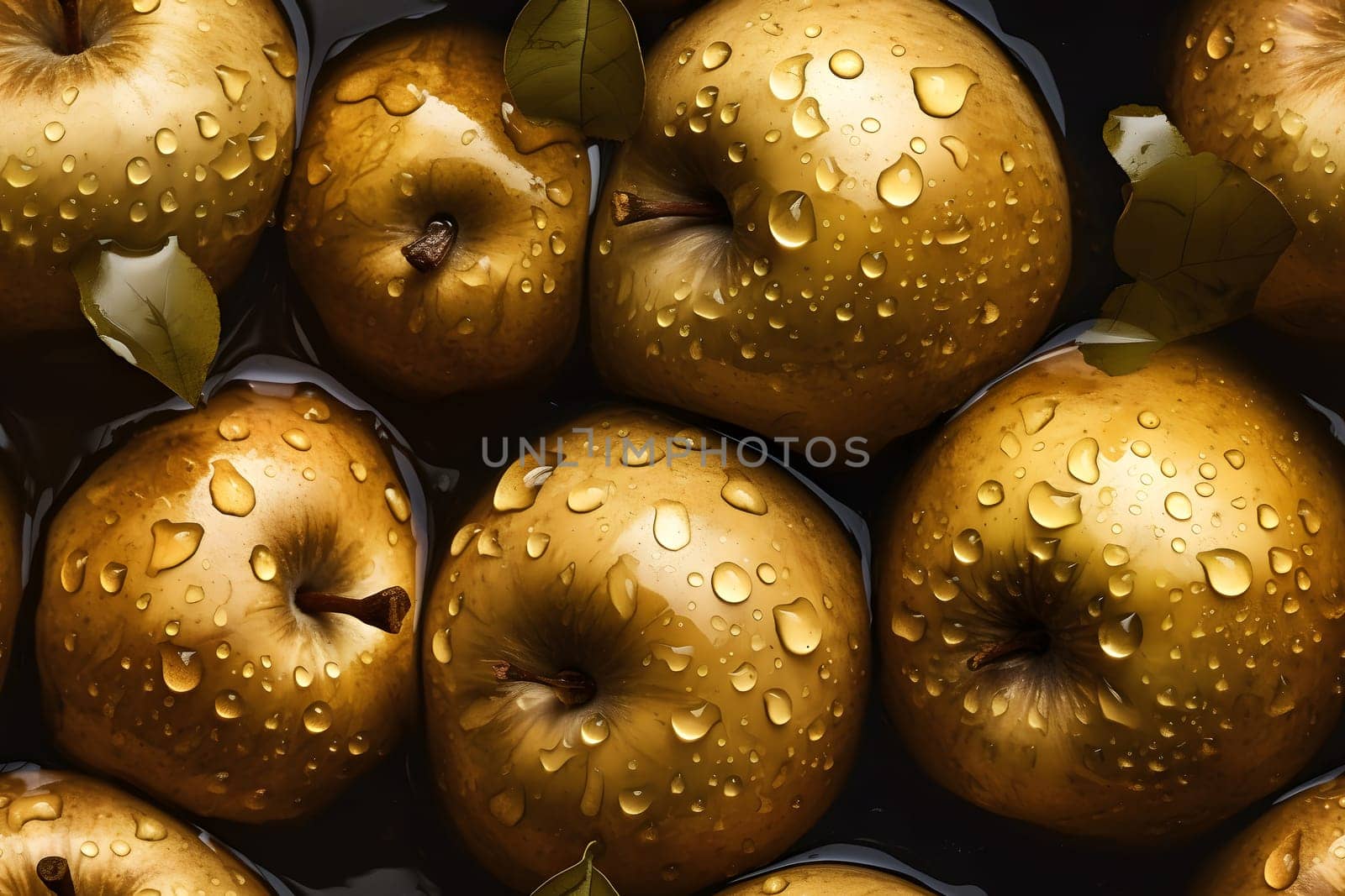 Fresh golden apples with water drops seamless closeup background and texture, neural network generated image by z1b