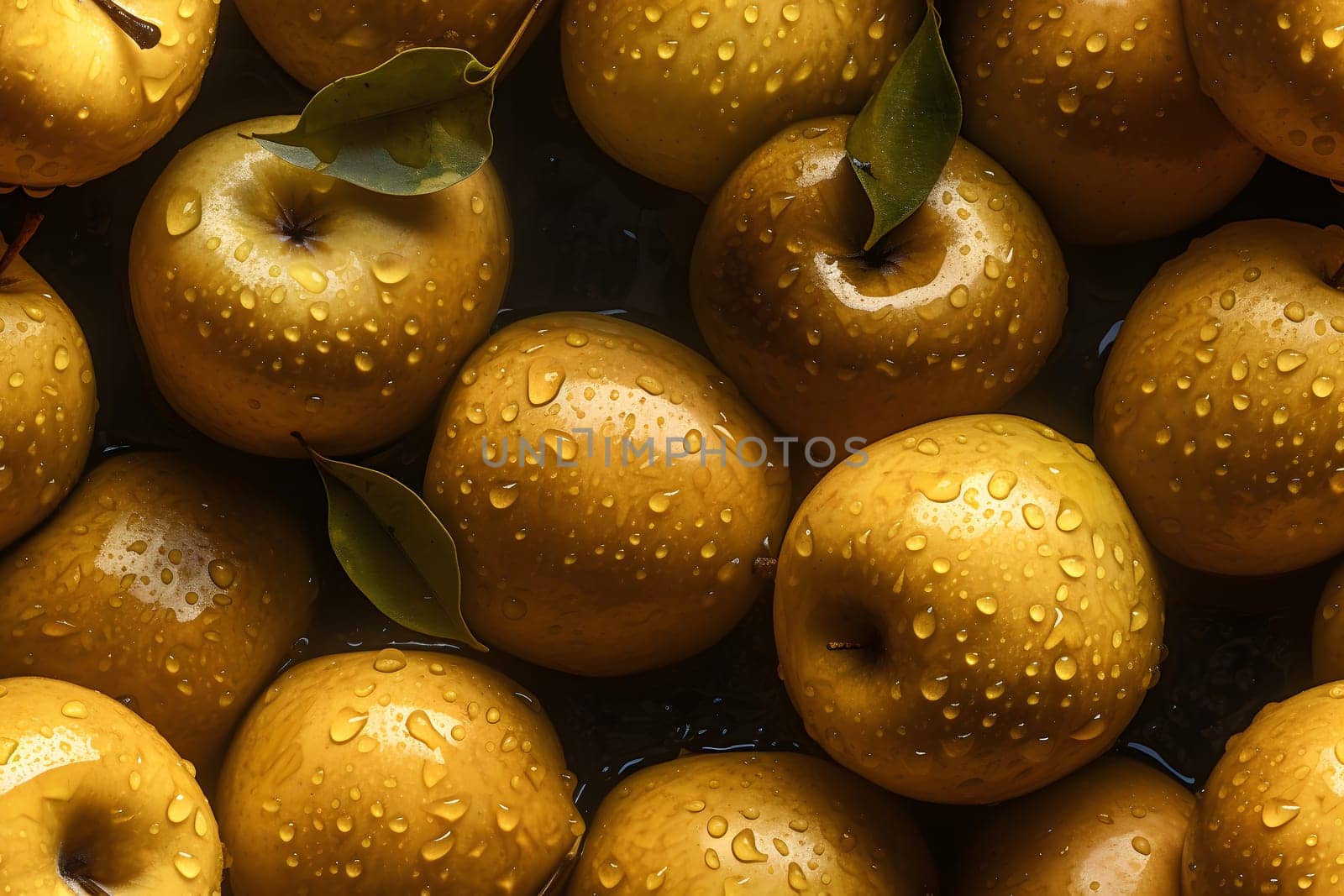 Fresh golden apples with water drops seamless closeup background and texture. Neural network generated in May 2023. Not based on any actual person, scene or pattern.